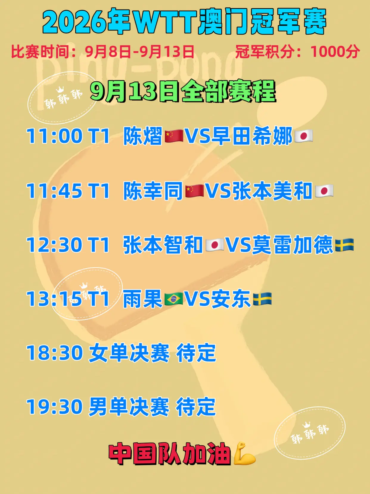 澳门冠军赛决赛日赛程。中国姑娘加油，抗日胜利