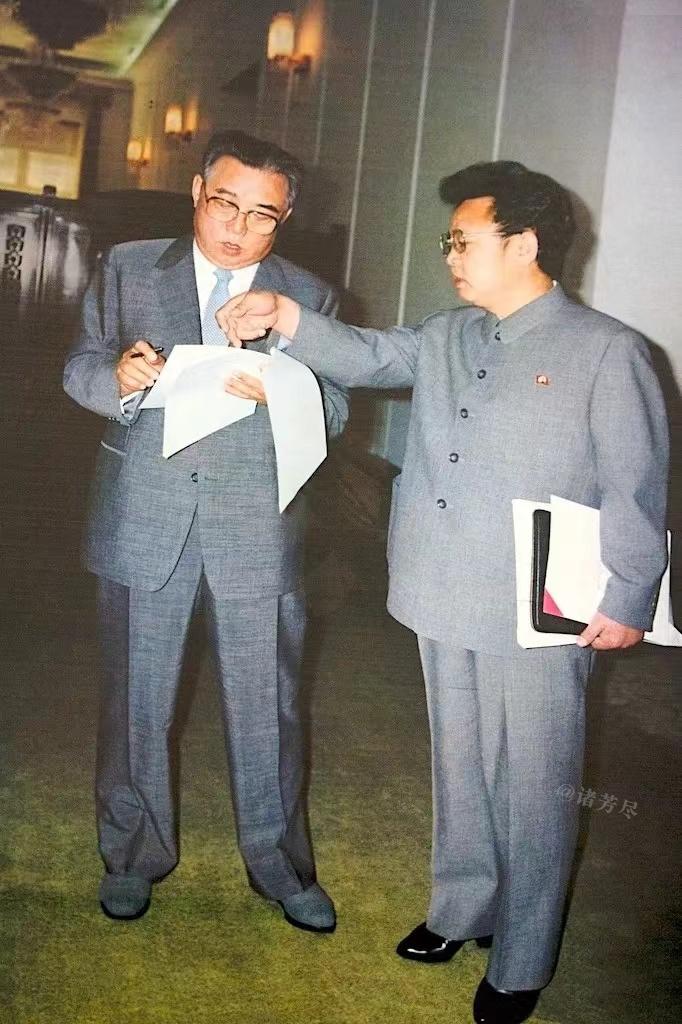 1994年6月，时年82岁的金日成与53岁的金正日在平壤留下了这张珍贵合影，从这
