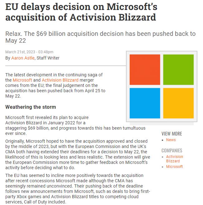 外媒消息：微软-暴雪收购判决推迟至5月22日
微软这边以690亿美元收购动视暴雪