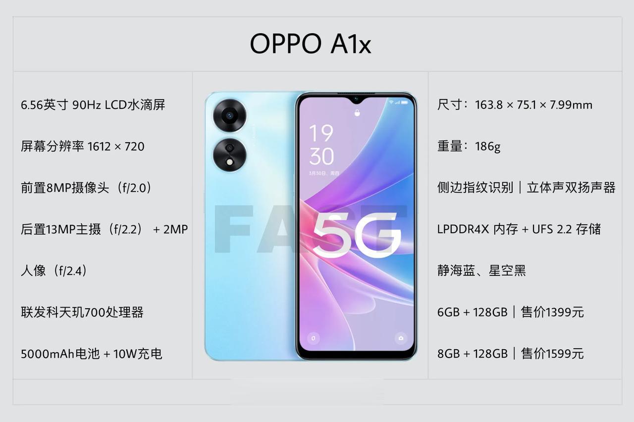 OPPO A1x新机上架官方商城：6.56英寸90Hz LCD水滴屏、后置13M