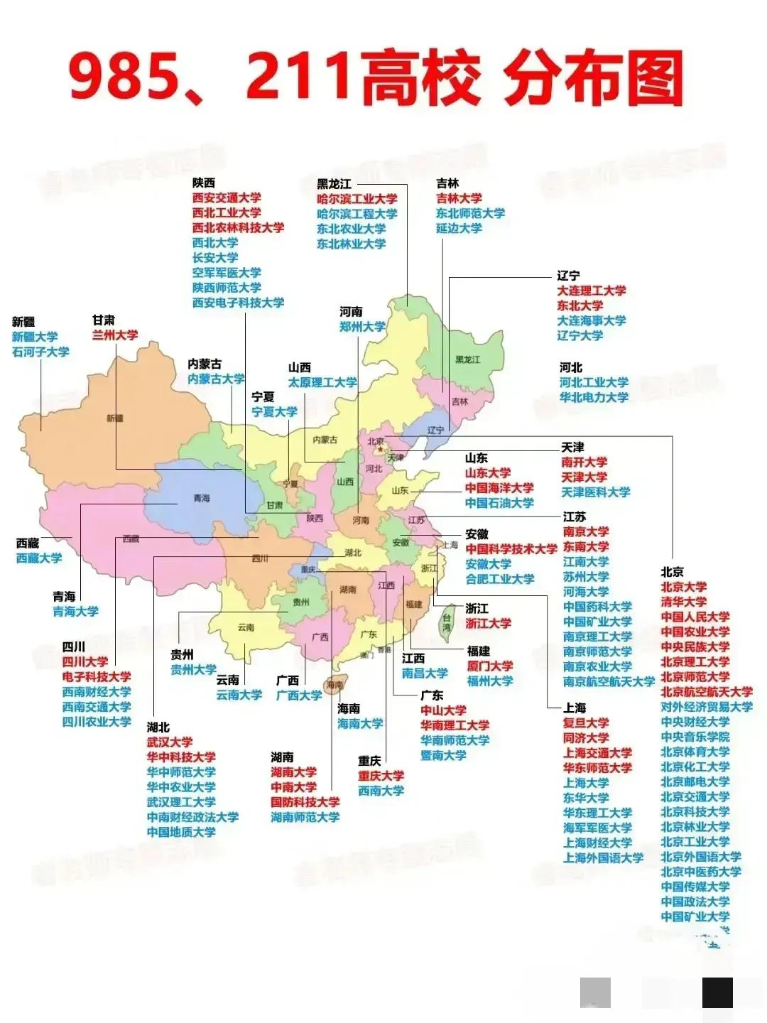 全国985、211大学分布图，北京最多，江苏、上海、陕西、湖北的数量也不少，广东