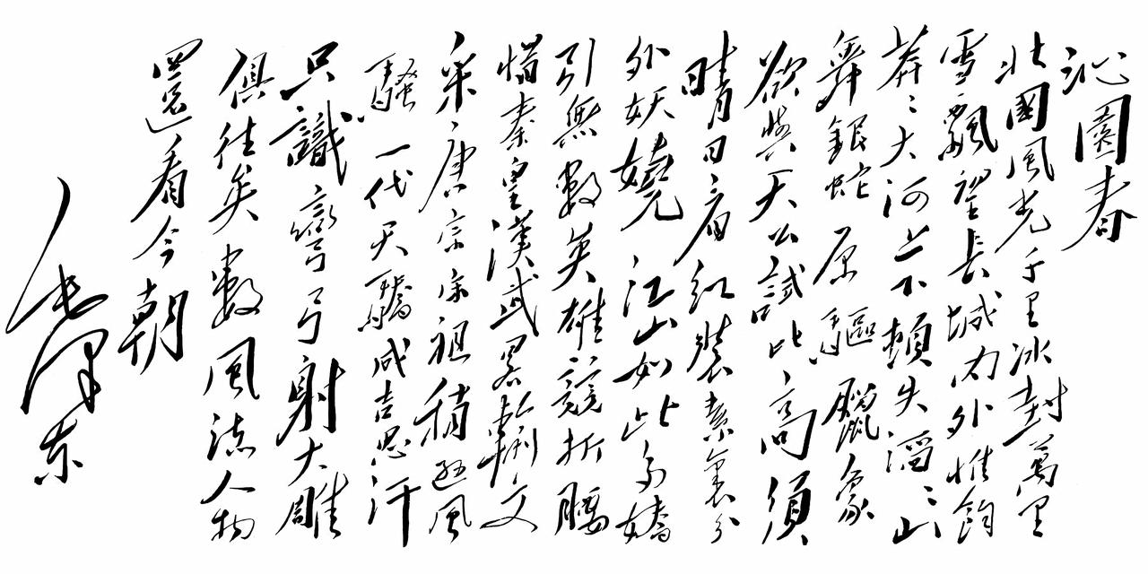  
借用一首教员的诗：

沁园春·雪

北国风光，千里冰封，万里雪飘。
望长城内