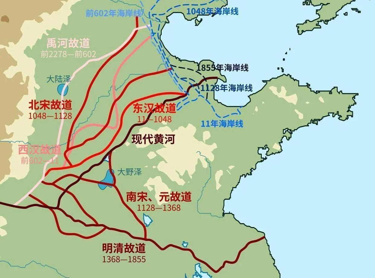 黄河故道图。

黄河是华夏文明的母亲河，但这个母亲的脾气似乎不大好。历史上的黄河