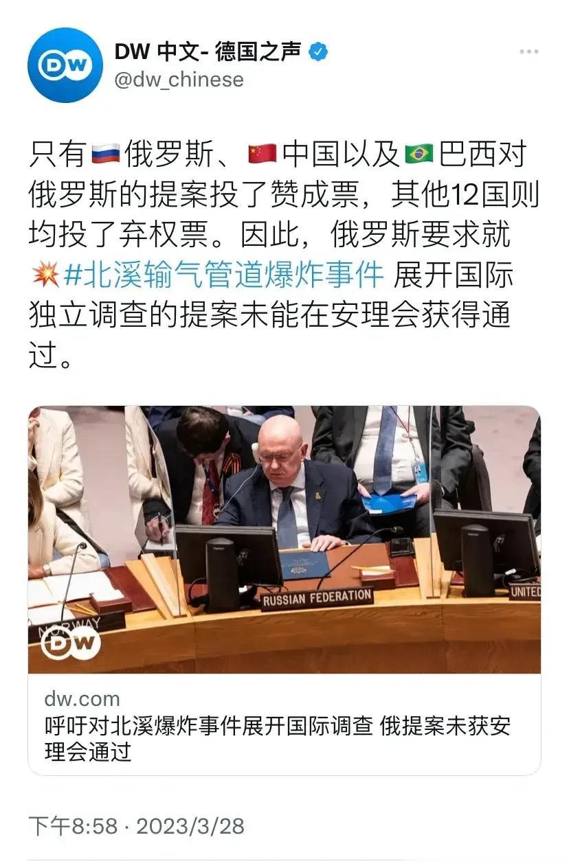 外媒报道：“只有俄罗斯、中国以及巴西对俄罗斯的提案投了赞成票，其他12国则均投了