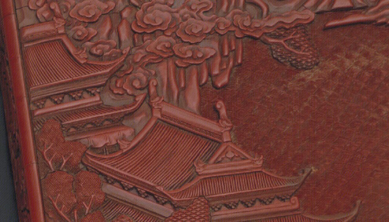 故宫藏的这个明中期剔红山水人物图长方盒，感觉建筑挺苏南，漆器楼阁带这么明显的地域