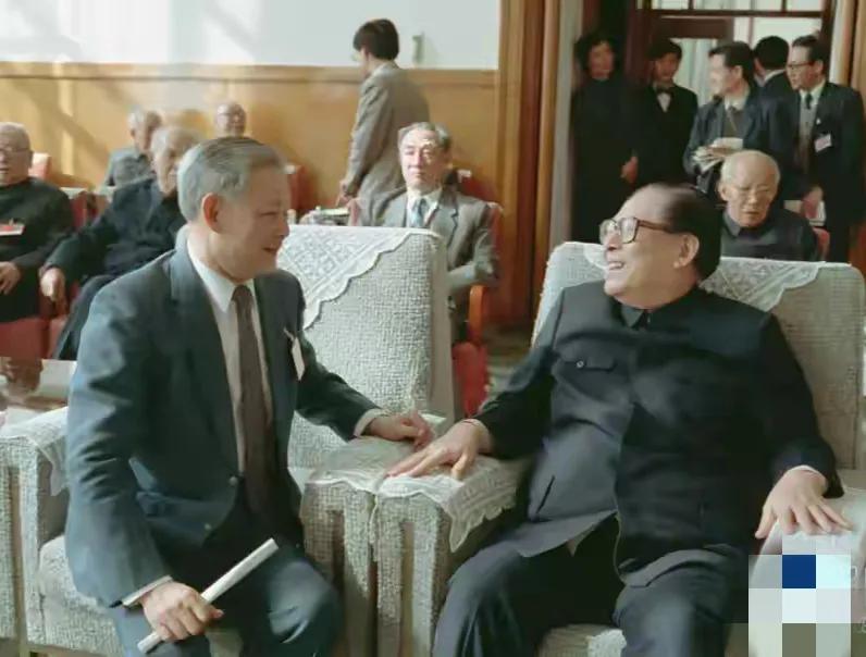 1992年3月，全国两会期间，江泽民在休息室与叶剑英元帅之子叶选平交谈的照片。
