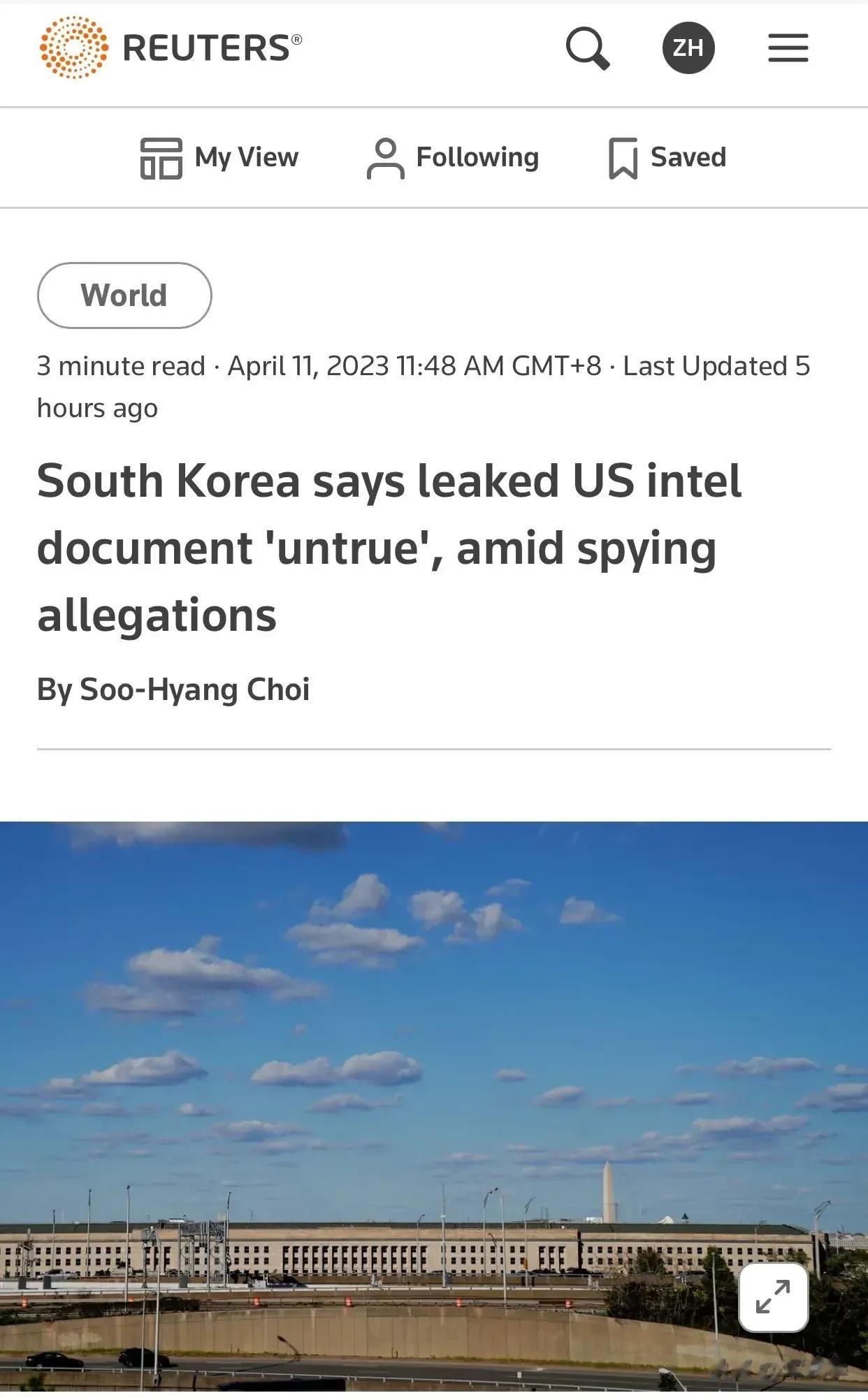 韩国先于美国辟谣：美国泄漏机密文件涉及韩国部分“不是真的”。
       路透