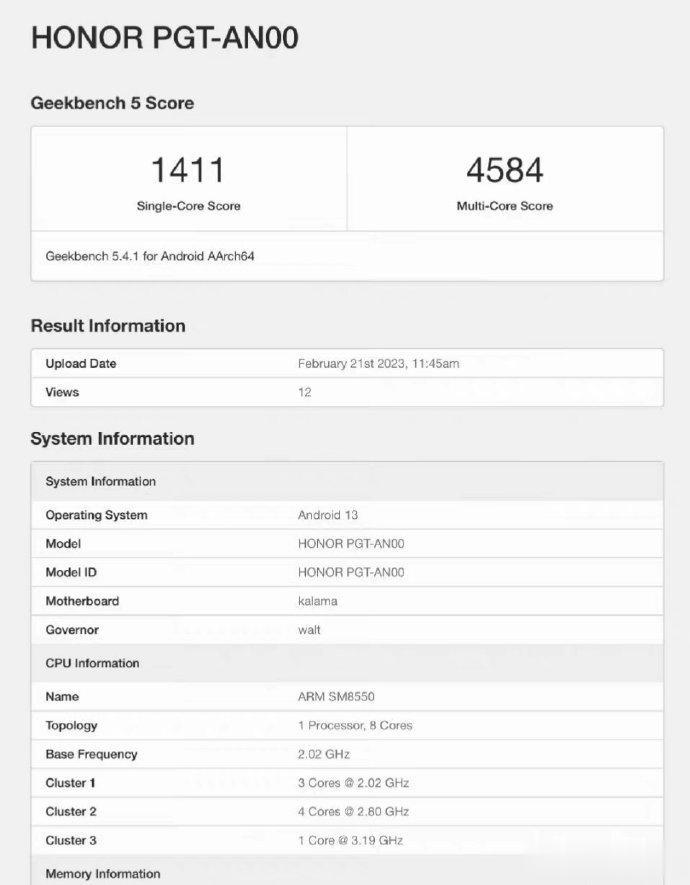 荣耀Magic5 Geekbench 5 跑分来了：单核 1411 分，多核 4