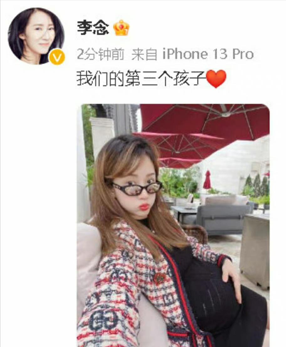 20日下午，李念晒出孕肚照官宣怀三胎，“我们的第三个孩子”。照片中，李念戴着墨镜