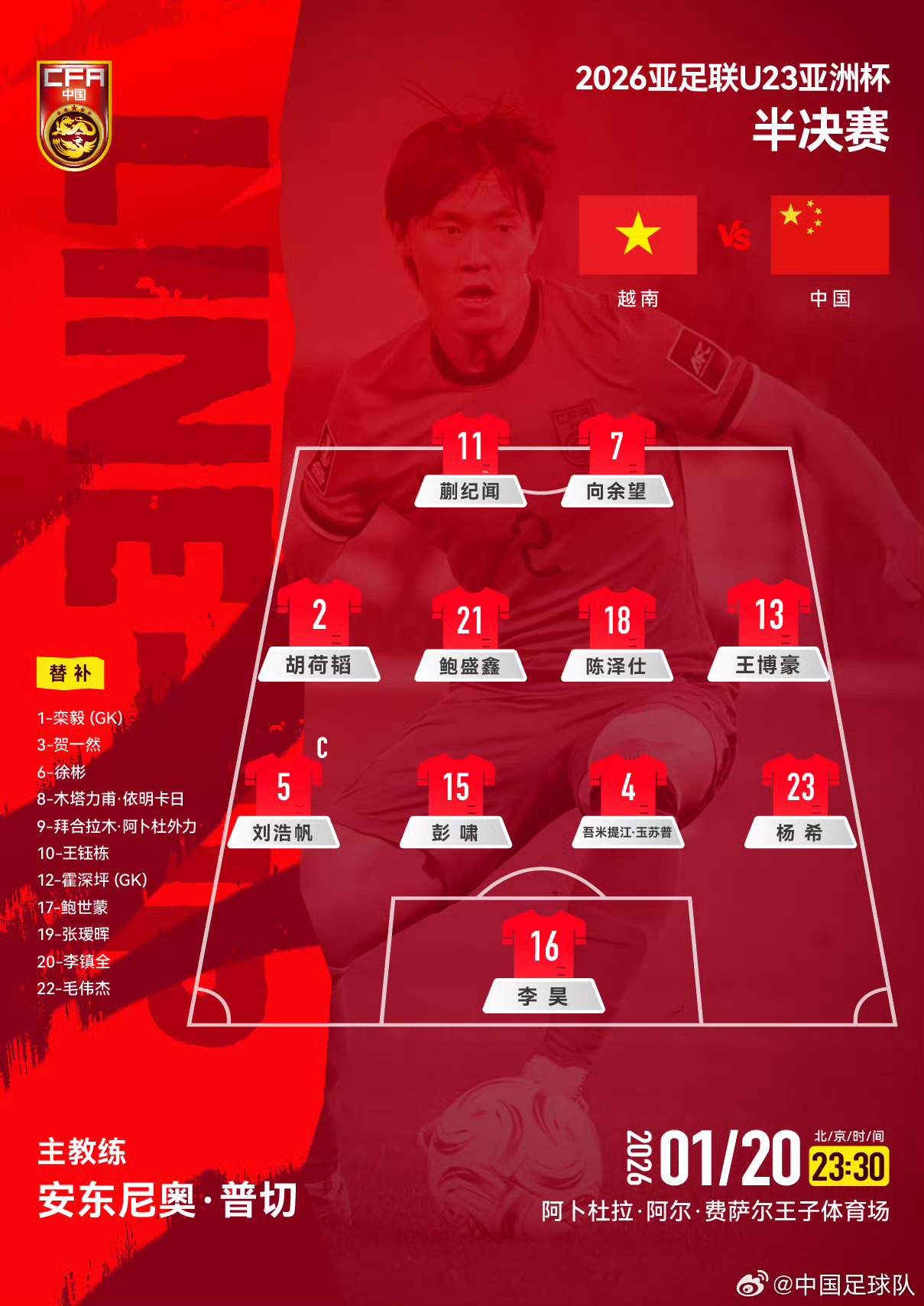 【#王钰栋拜合拉木替补#】北京时间1月20日23点30分，2026年U23亚洲杯