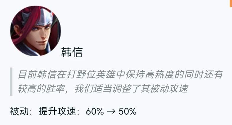 韩信的被动攻速从60%降到50%，看似削弱，但是依然让很多玩家愤愤不平。

有玩