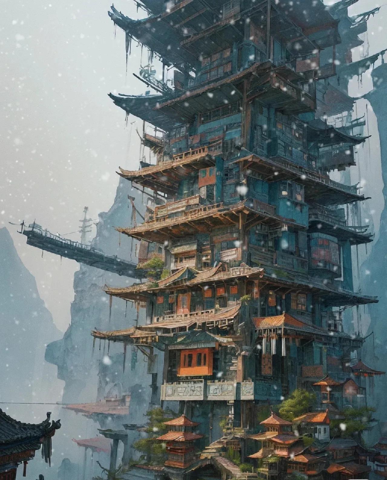 未来中国城插画，Cyberpunk Chinatown。这是赛博朋克风还是工业废