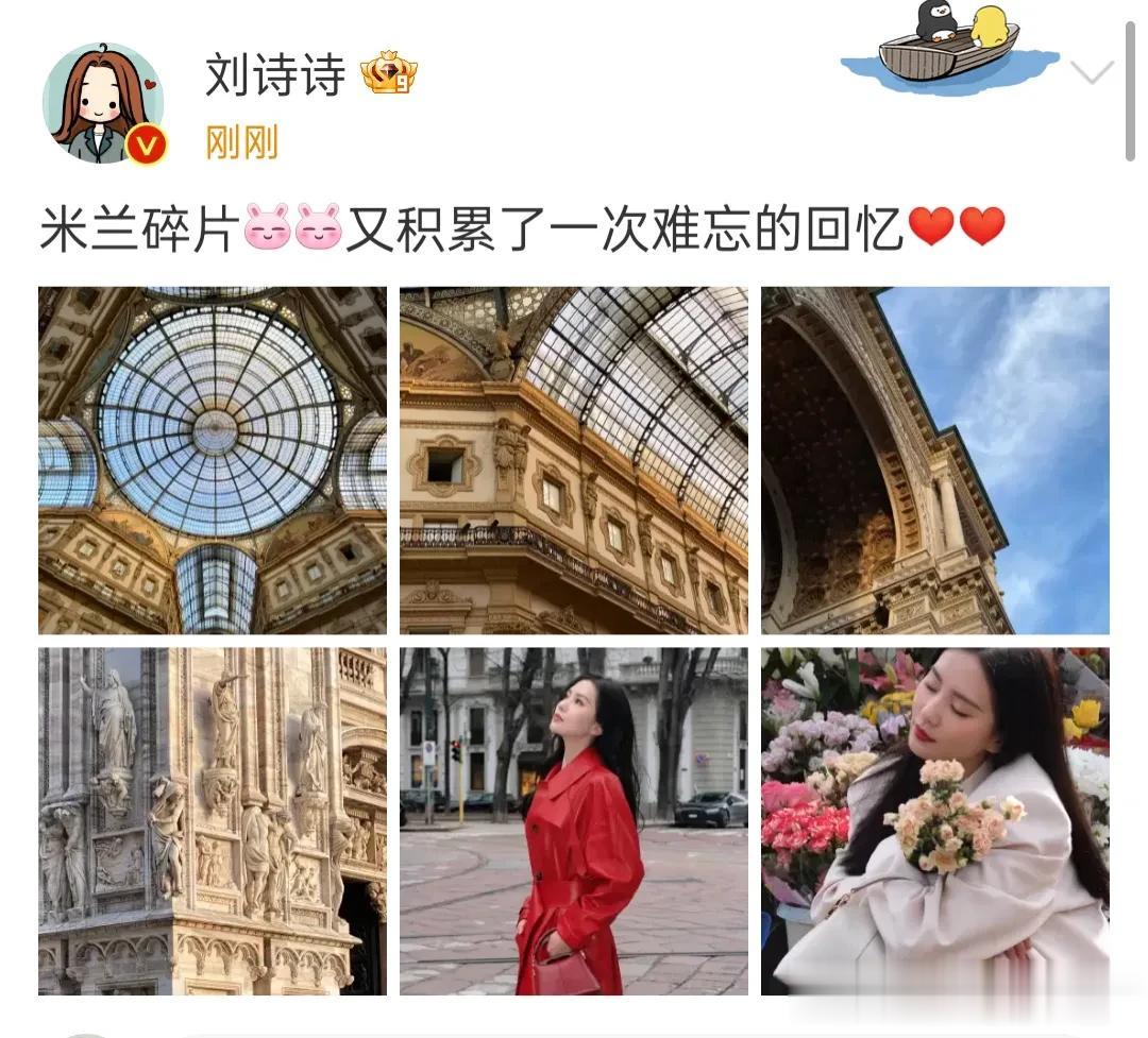 刘诗诗用镜头记录米兰的一景一物，同时还说”又积累了一次难忘的回忆”并且晒出了自己